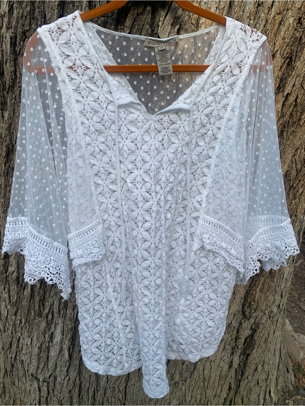 Sharon Young White Lace & Sheer Crochet Tunic Top
